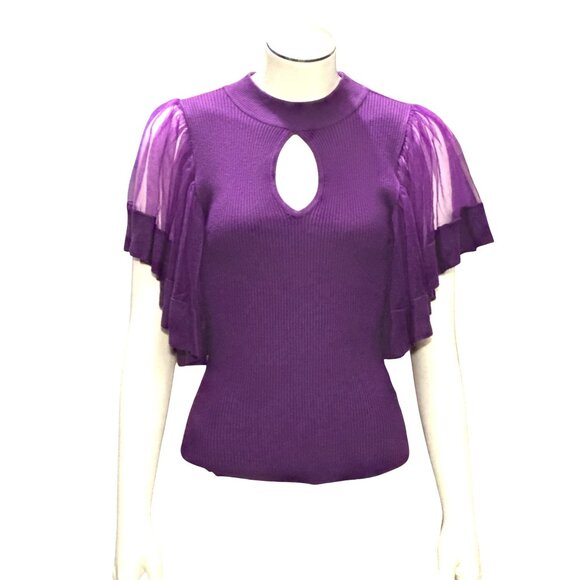 7Th Avenue Design Studio XS Purple Puff Flutter Sleeve Blouse Keyhole Cutout - Picture 15 of 15